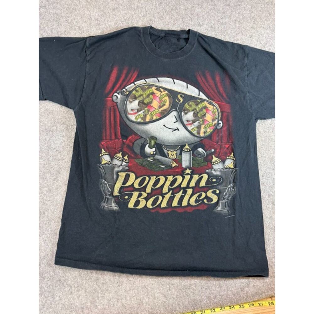 VTG Y2K Family Guy Stewie Poppin Bottles Shirt Mens XL Black Graphic Tee Cartoon